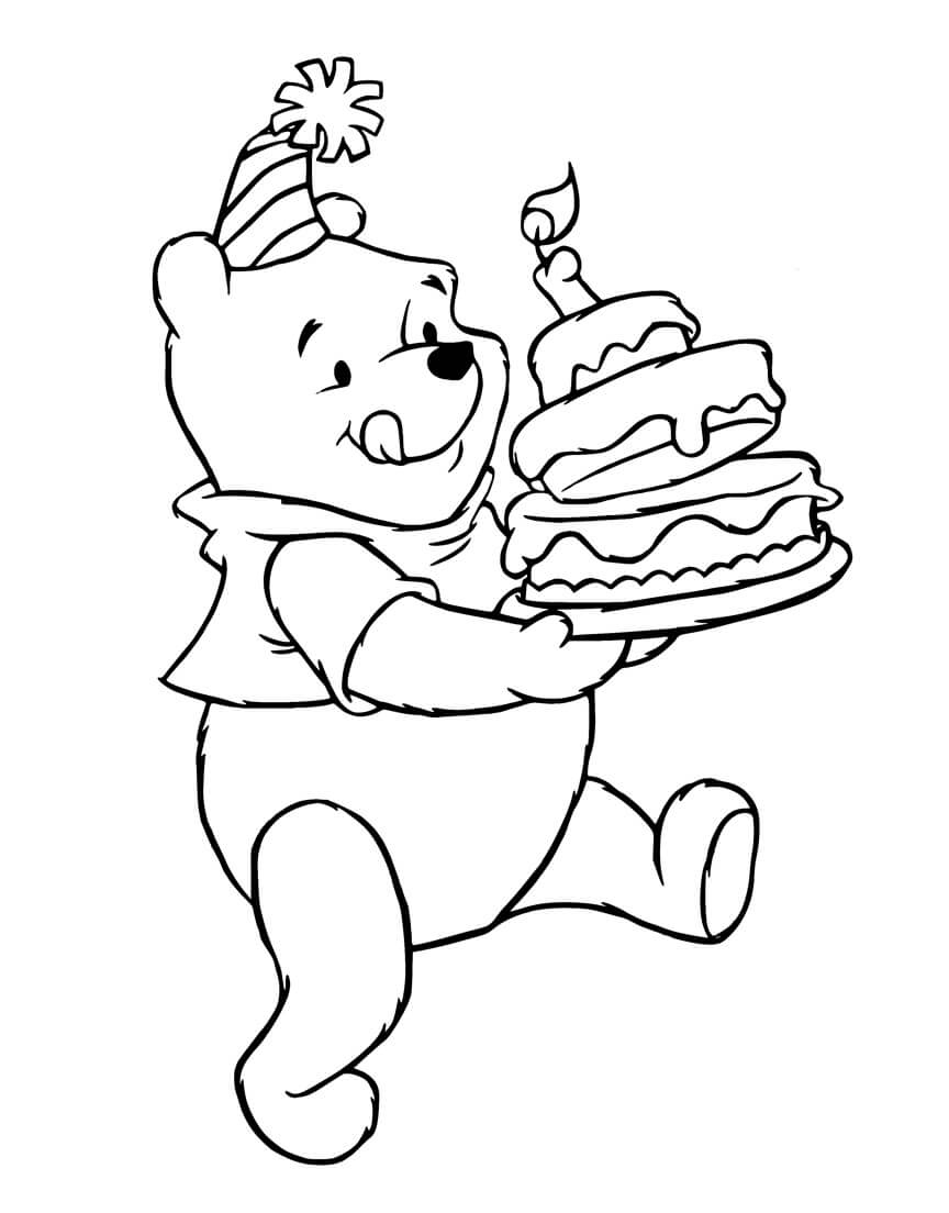 Dibujo de Winnie de Pooh con Pastel de cumpleaños para Colorear