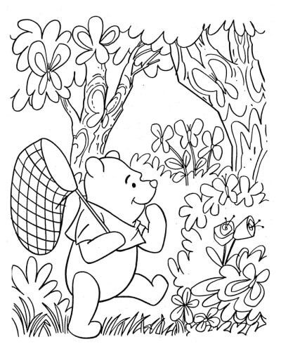 Dibujo de Winnie de Pooh Va a Atrapar Insectos para Colorear