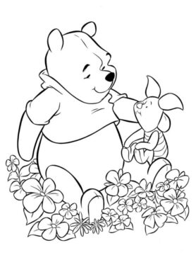 Dibujo de Winnie de Pooh y Piglet con Flores para Colorear