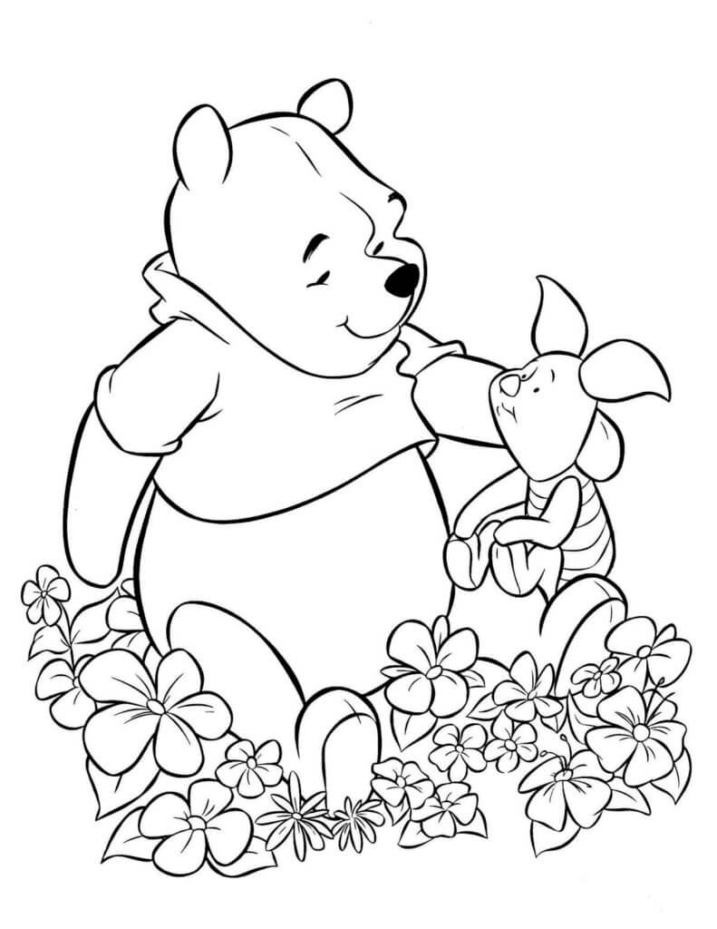 Dibujo de Winnie de Pooh y Piglet con Flores para Colorear