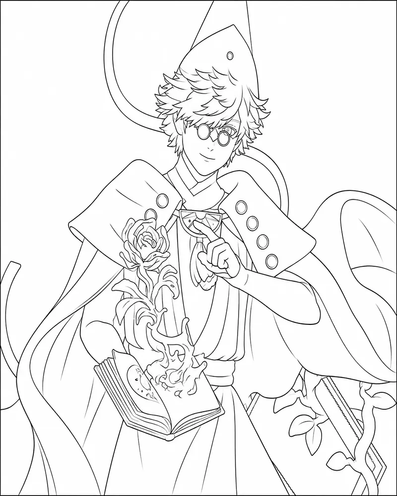 Dibujo de Aprendiz de Bruja Leyendo un Libro de Hechizos página para Colorear