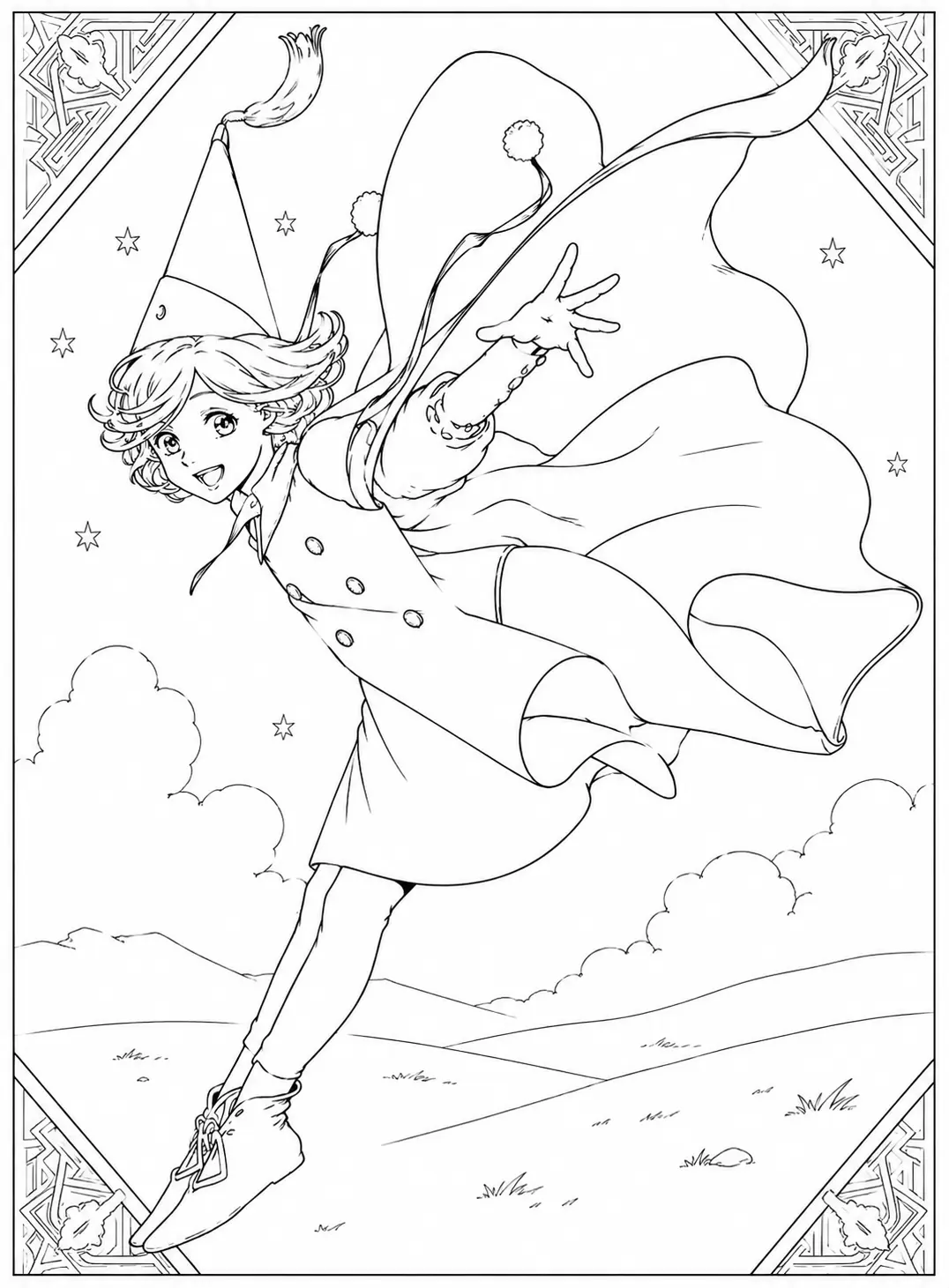Dibujo de Coco de Witch Hat Atelier Volando por el Cielo página para Colorear