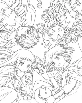 Dibujo de Grupo de Personajes Haciendo Magia página para Colorear
