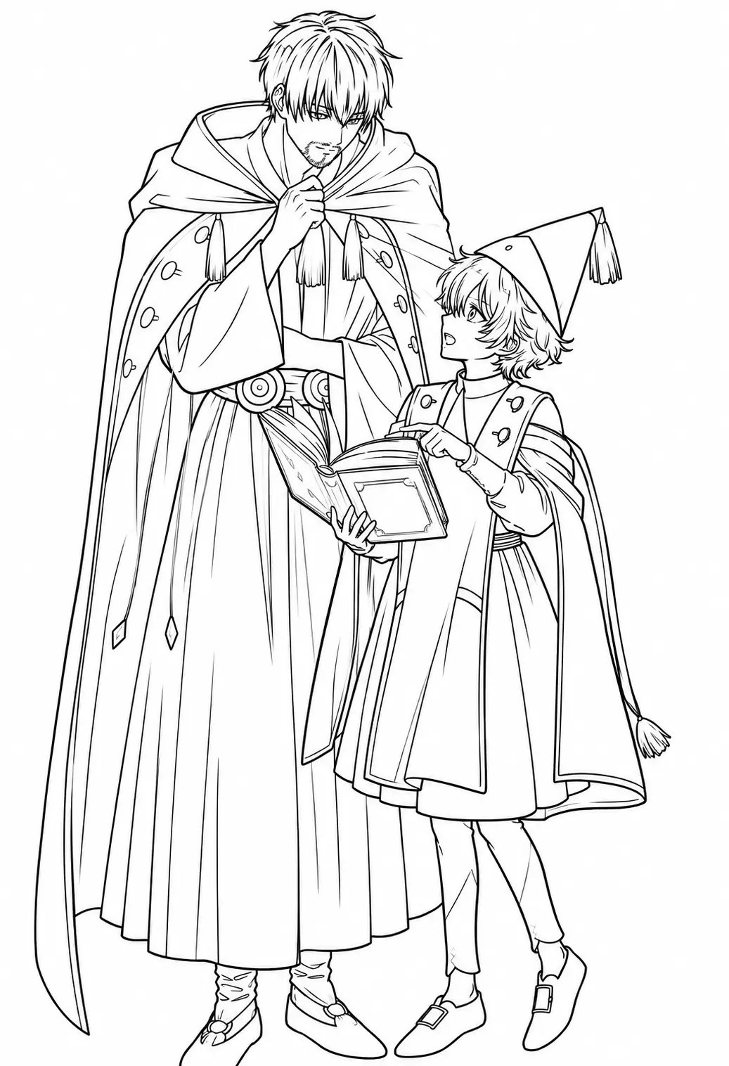 Dibujo de Qifrey y Olruggio de Witch Hat Atelier Leyendo un Libro de Magia página para Colorear