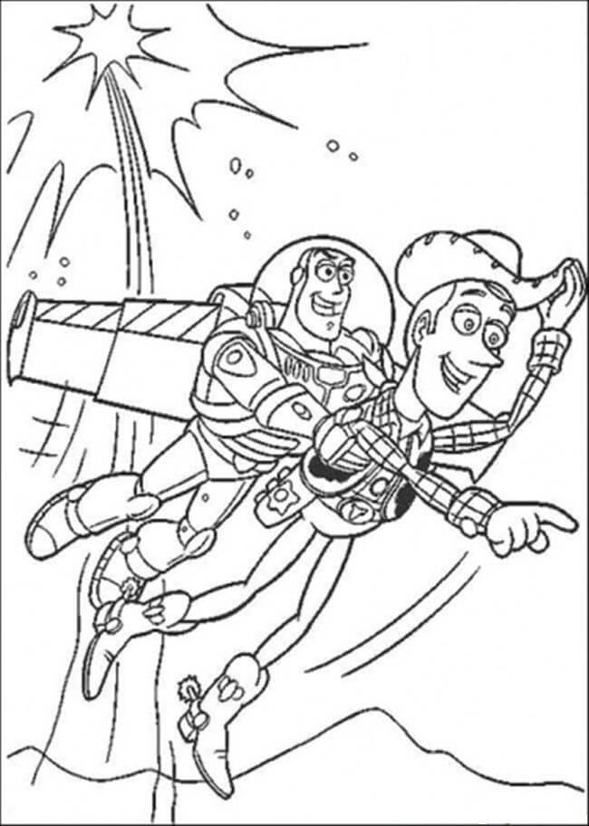Dibujo de Woody y Buzz Volando para Colorear