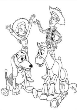 Dibujo de Woody y Jessie con Amigos para Colorear