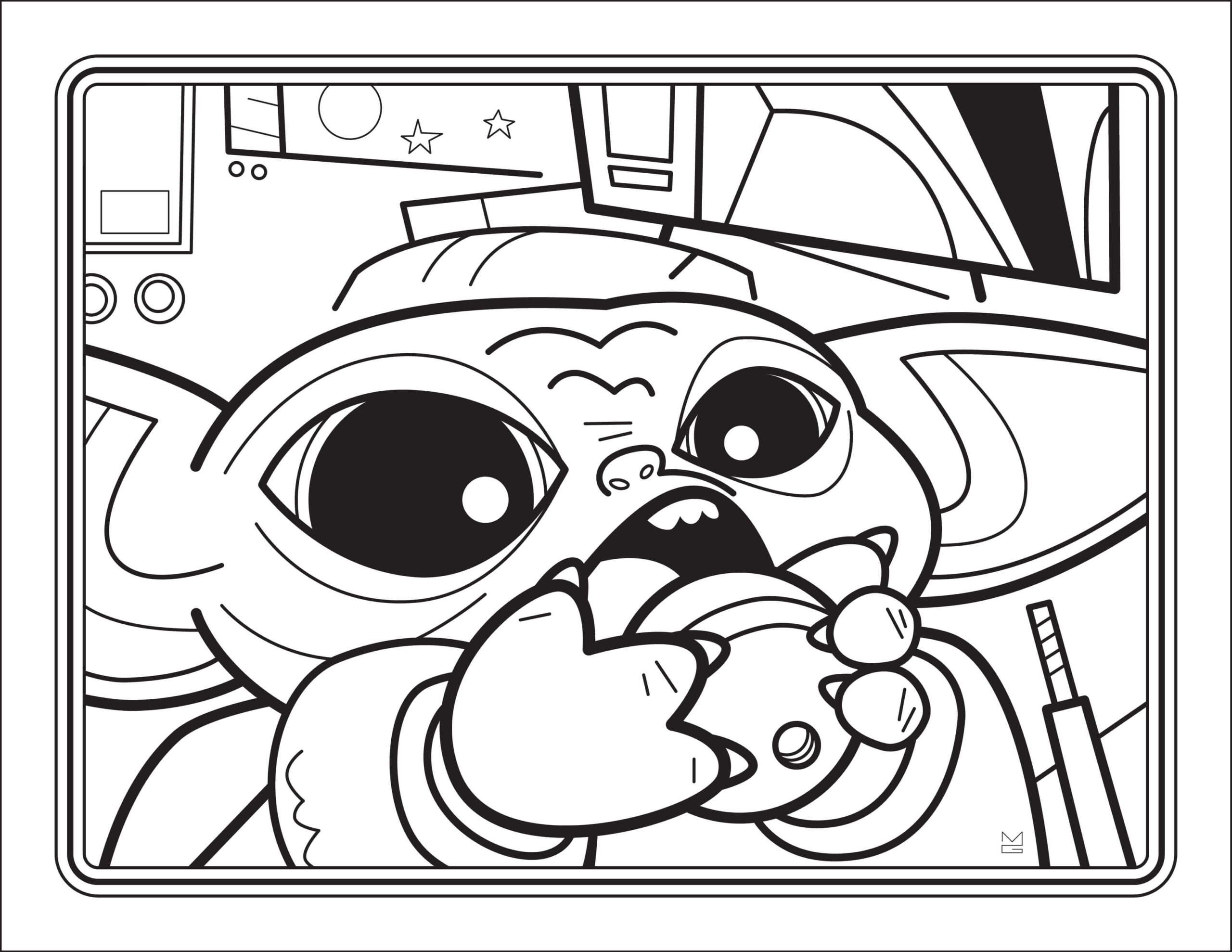 Dibujo de Baby Yoda Comiendo Scaled para Colorear