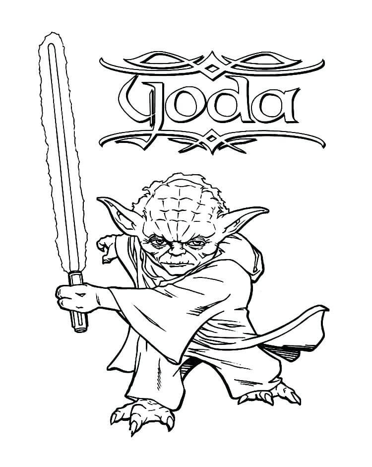 Dibujo de Maestro Yoda con Sable de Luz para Colorear