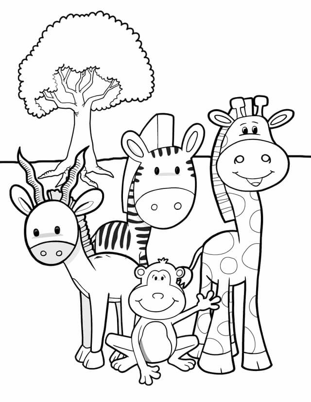Dibujo de Four Animals And Tree In The Zoo para Colorear