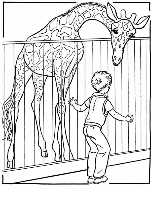 Dibujo de Giraffe And Kid Of The Zoo para Colorear