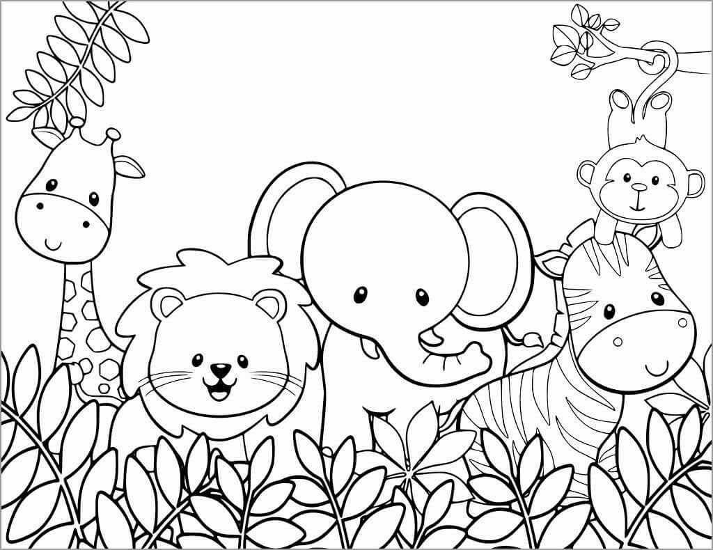 Dibujo de Cinco Animales en el zoológico para Colorear