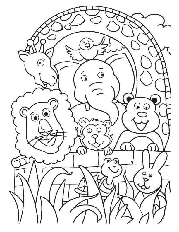 Dibujo de Grupo de Animales en el zoológico para Colorear