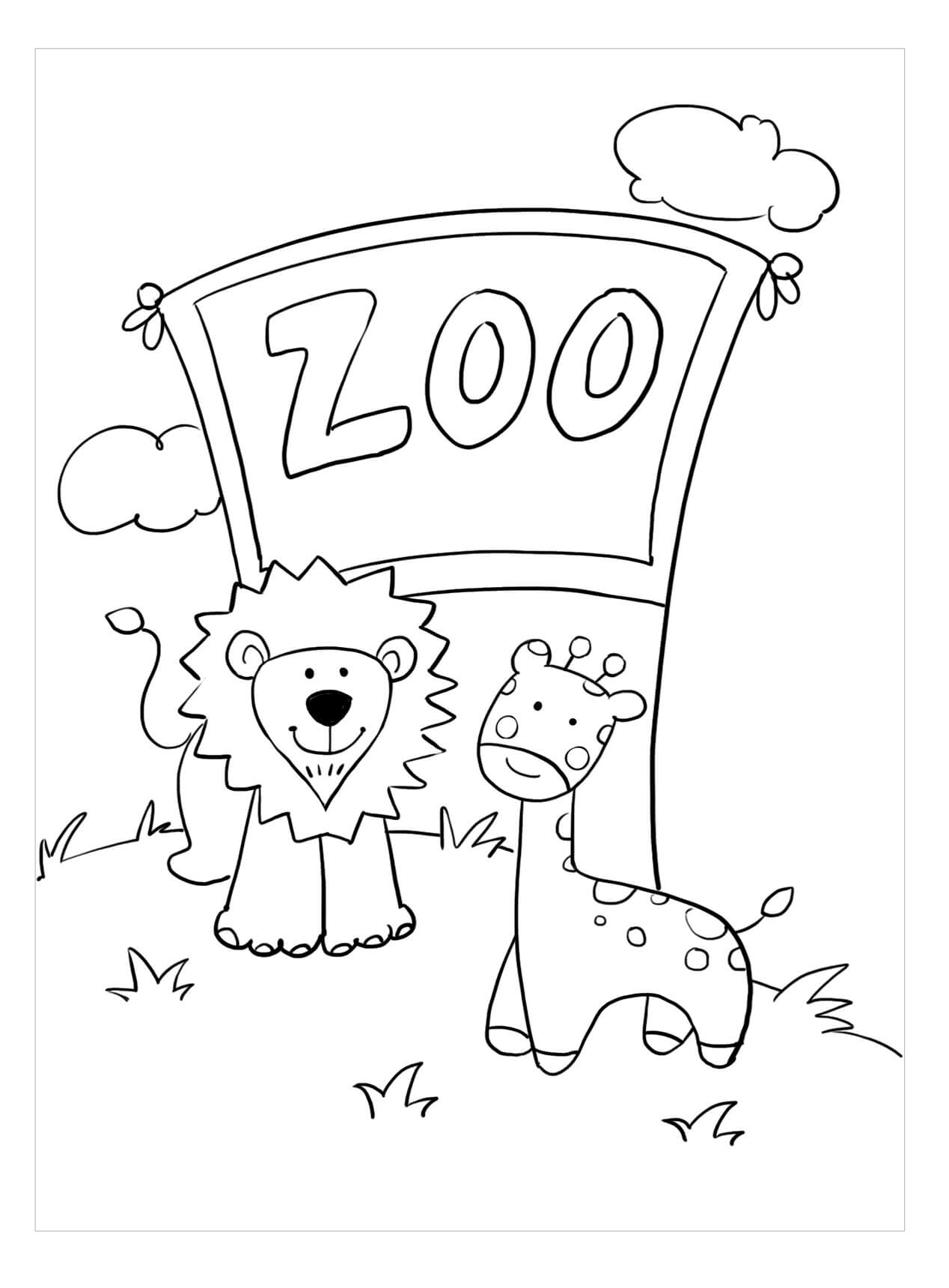 Dibujo de Jirafa y león en el zoológico para Colorear