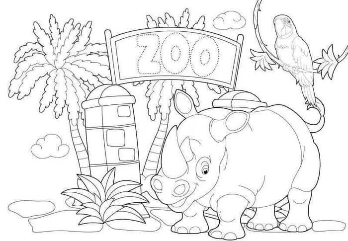 Dibujo de Rhino y Parrot Estan en el zoológico para Colorear