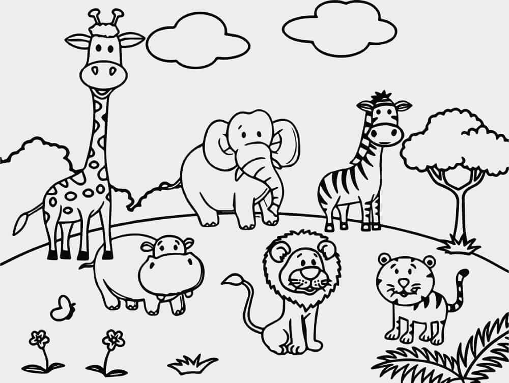 Dibujo de Seis Animales en el zoológico para Colorear